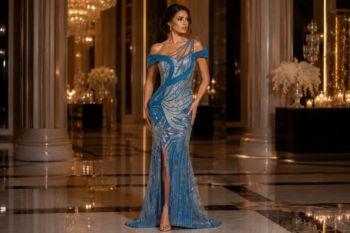 Blue embellished mother of the bride ballroom gown