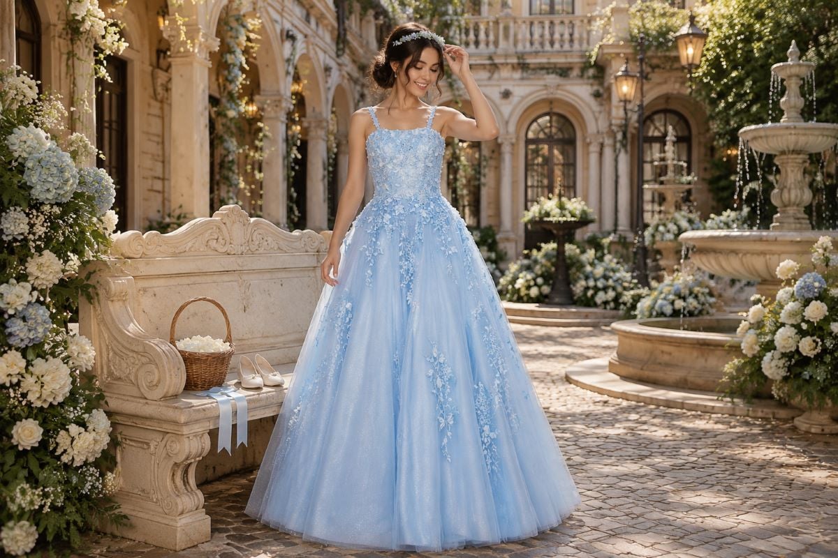 Blue floral appliqué formal gown editorial