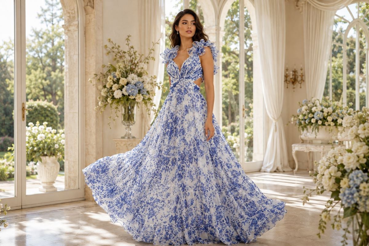 Blue floral chiffon gown with flowing empire waist silhouette