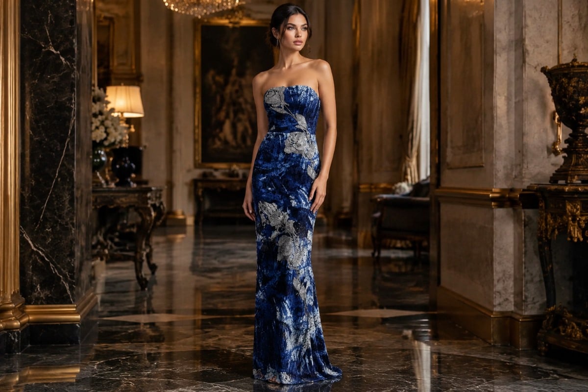 Blue floral jacquard strapless evening gown editorial