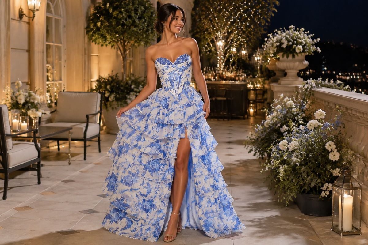 Blue floral layered prom gown editorial look