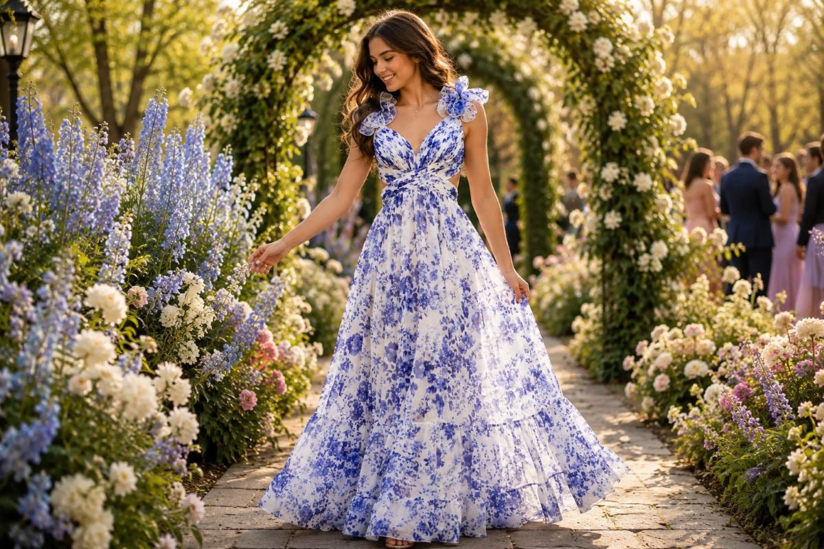 Blue floral chiffon graduation garden dress