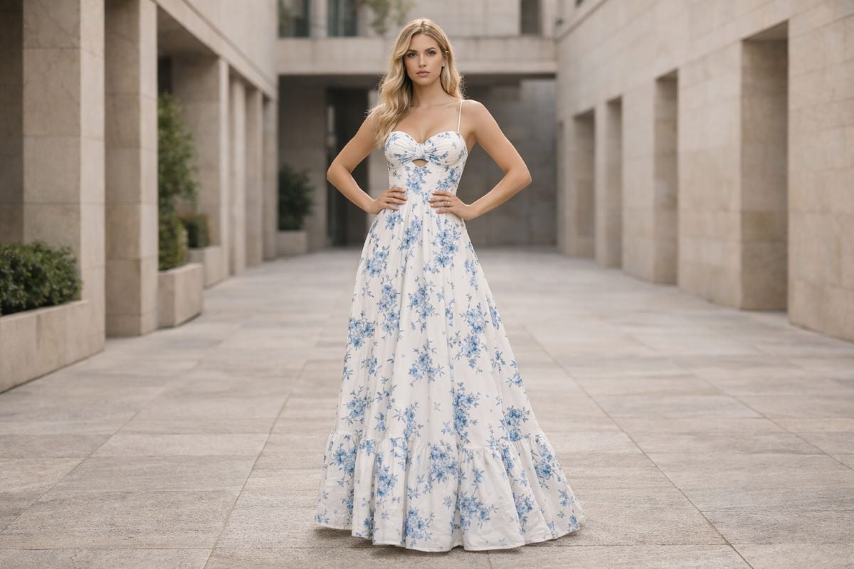 blue floral prom dress outdoor courtyard