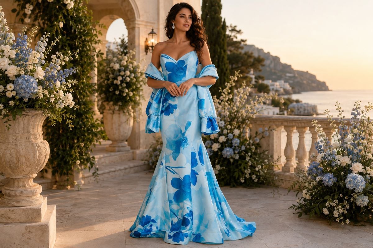 Blue floral satin mother of the bride gown for spring wedding