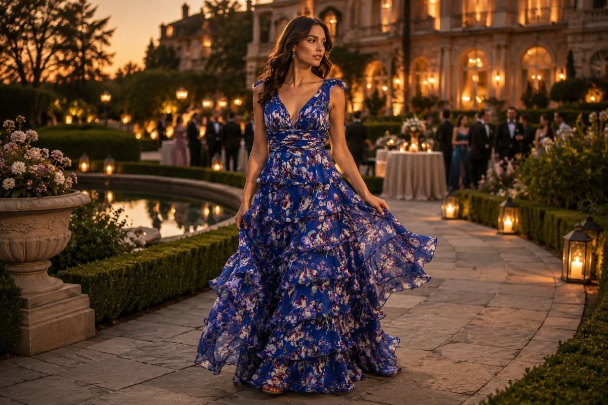 Blue floral tiered chiffon gown at garden gala