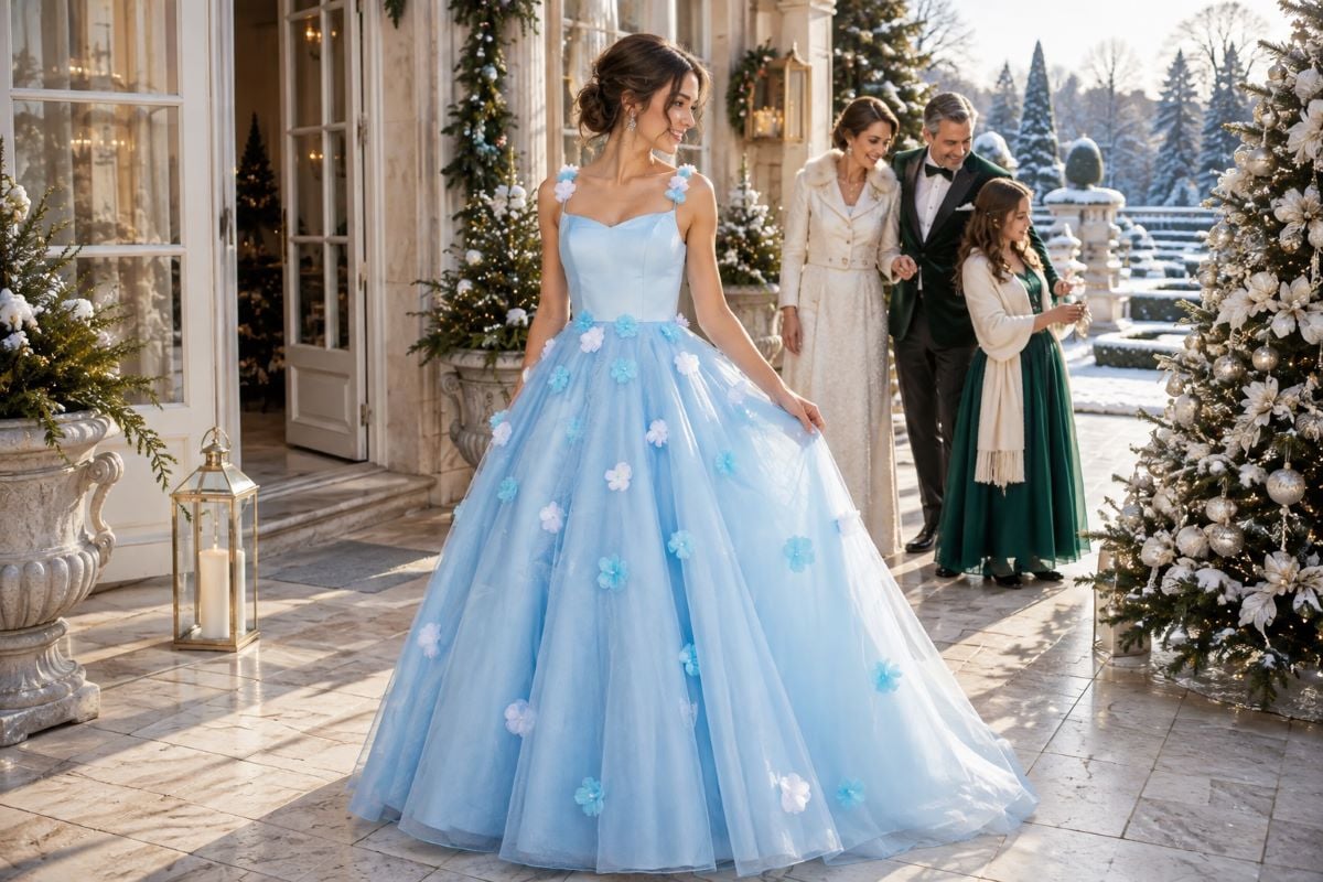 Blue girls Christmas family photo gown