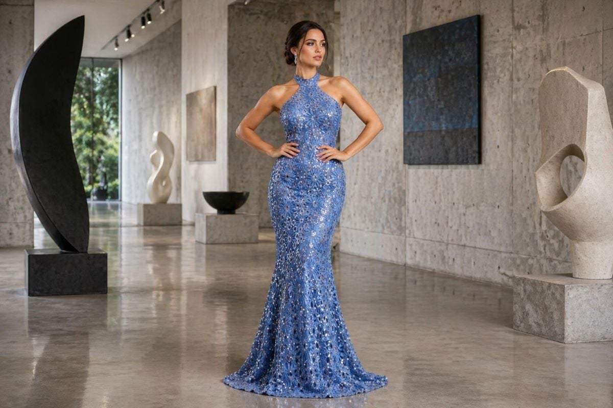 Blue lace halter mermaid gown full body