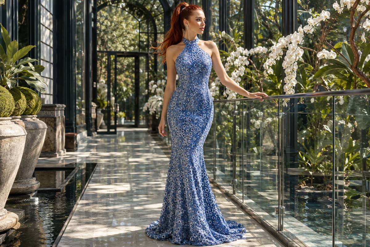 Blue lace mermaid evening gown in luxury glass conservatory