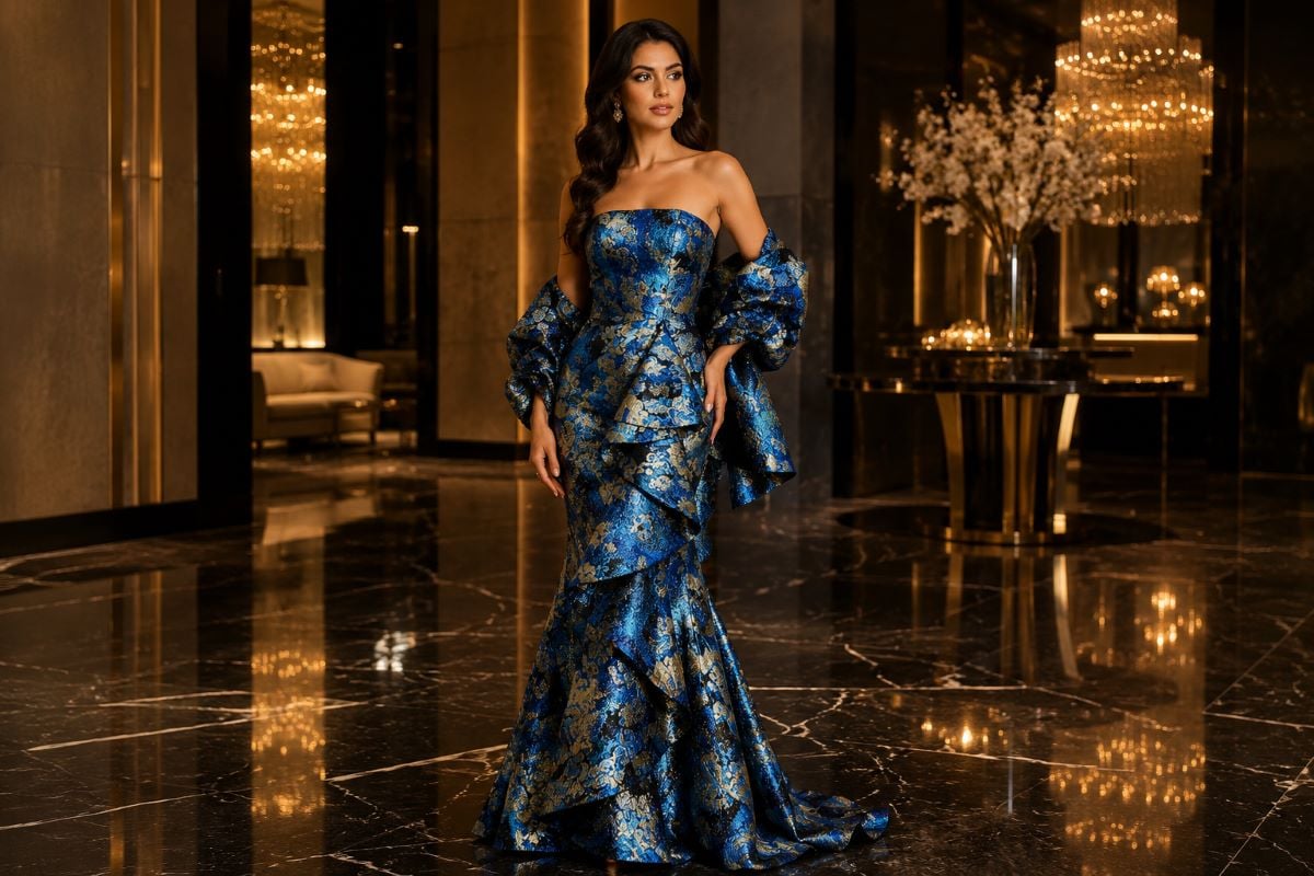 Blue metallic floral mother of the bride gown with cascading ruffles