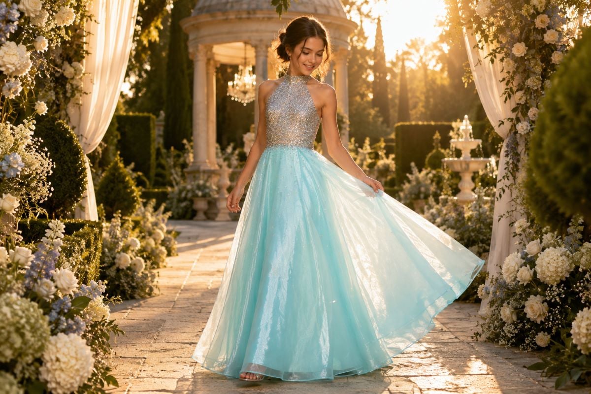 Blue organza flower girl formal dress
