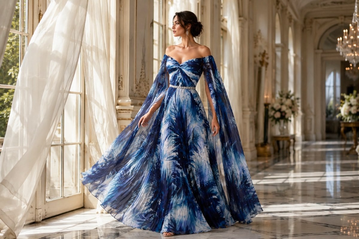 Blue pleated fit and flare gown