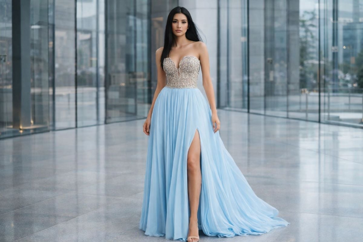 blue pleated prom dress with deep V neckline
