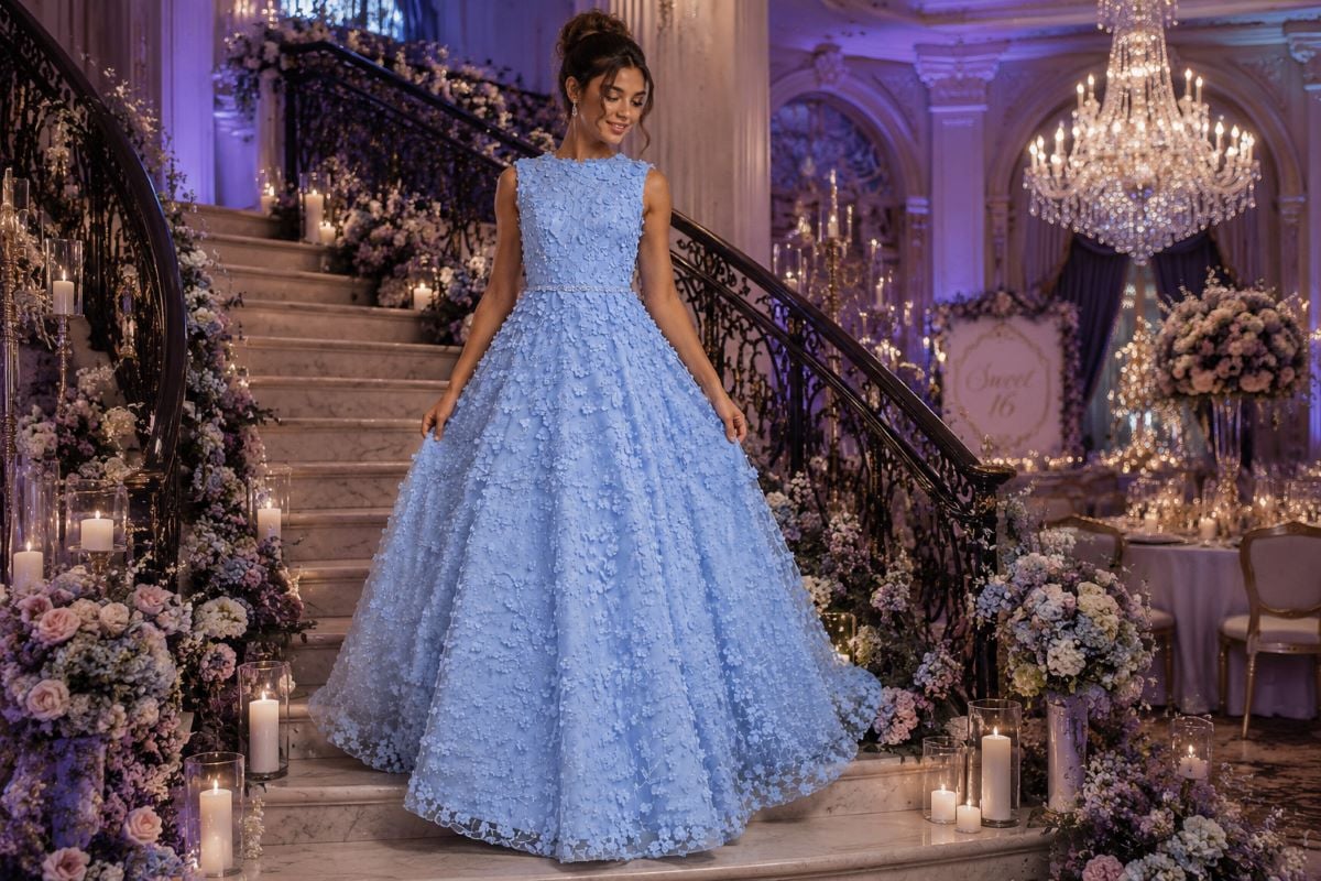 Blue princess Sweet 16 gown editorial look