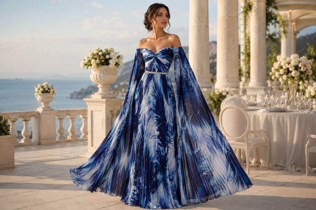 Blue printed mother of the bride coastal gown