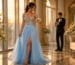 Blue prom gown with matching corsage and boutonniere
