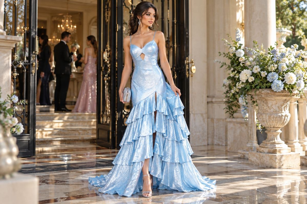Blue prom gown with coordinated accessories