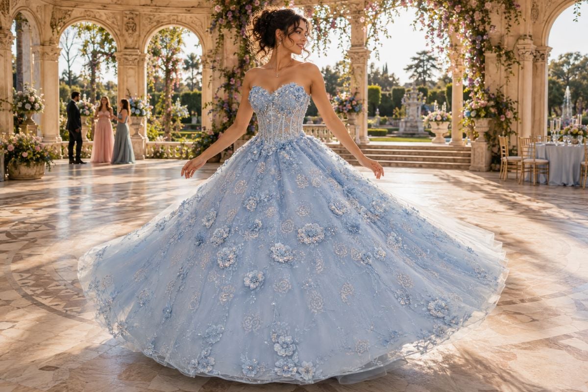Blue quinceañera ball gown dancing comfortably
