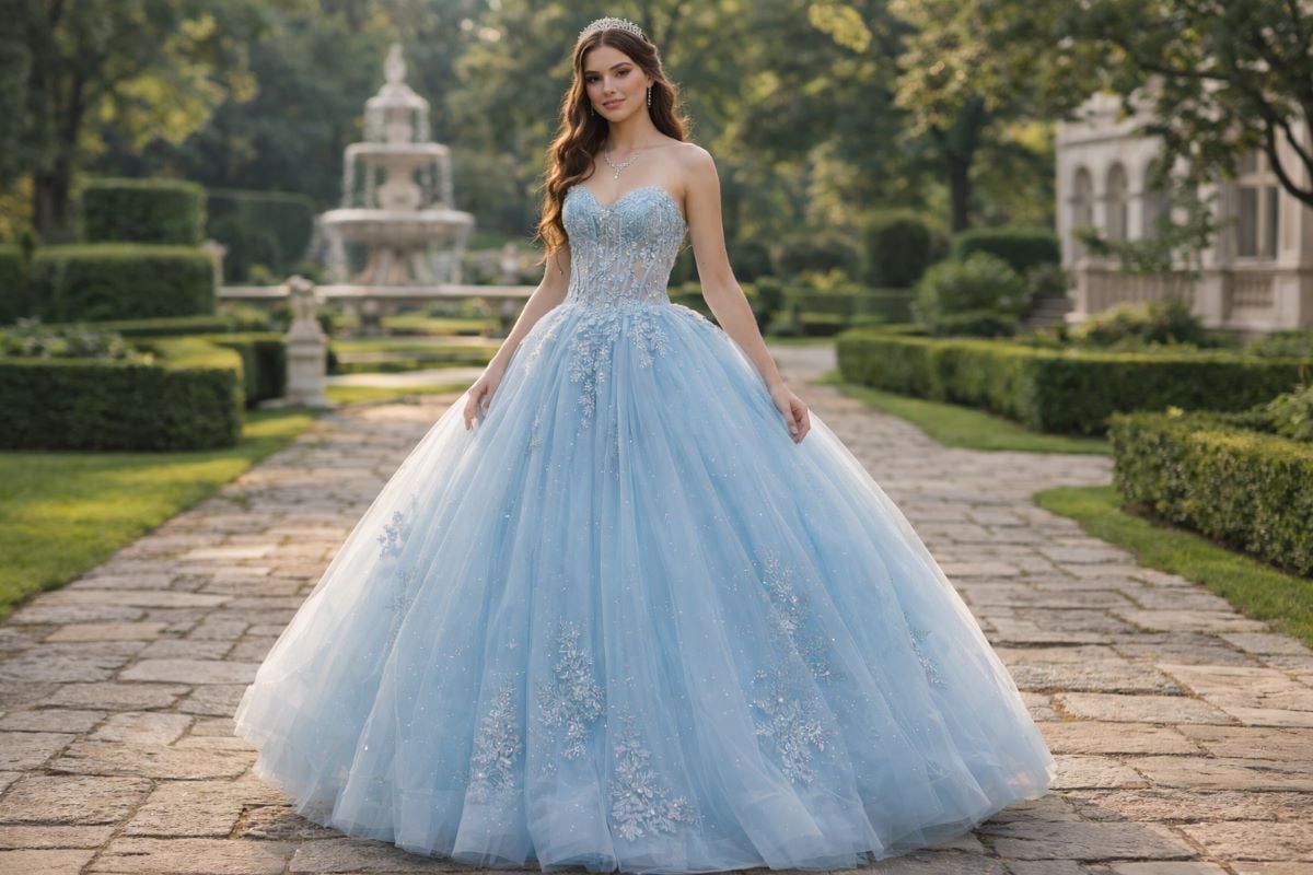 Blue quinceanera ball gown with tulle skirt