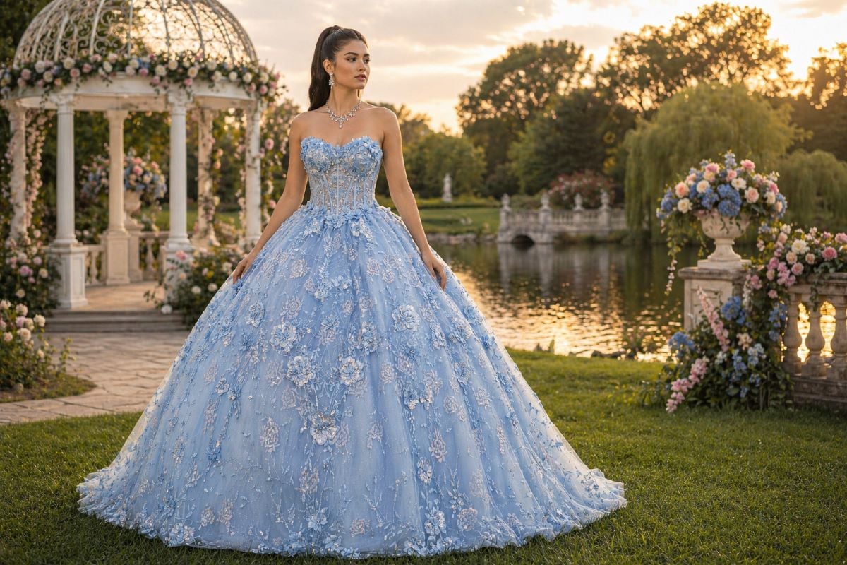 Blue quinceanera gown floral embroidery detail