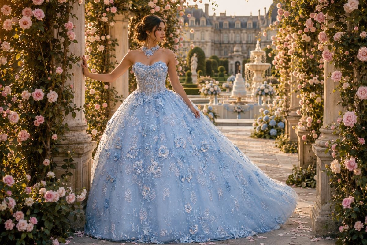 Blue quinceañera floral ball gown editorial