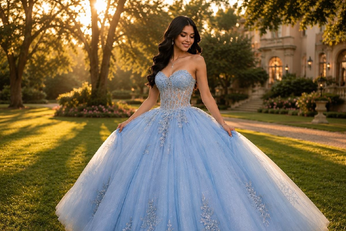 Powder blue quinceañera gown in sunset garden
