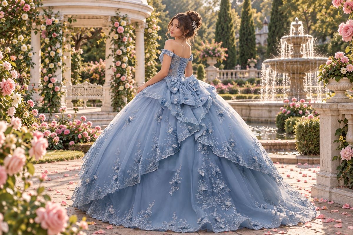 Blue quinceanera gown in garden setting
