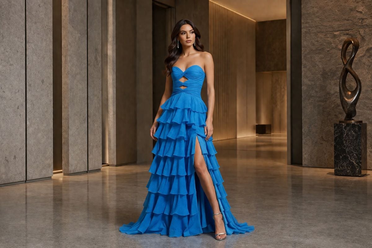 blue strapless ruffled tiered prom gown with high slit
