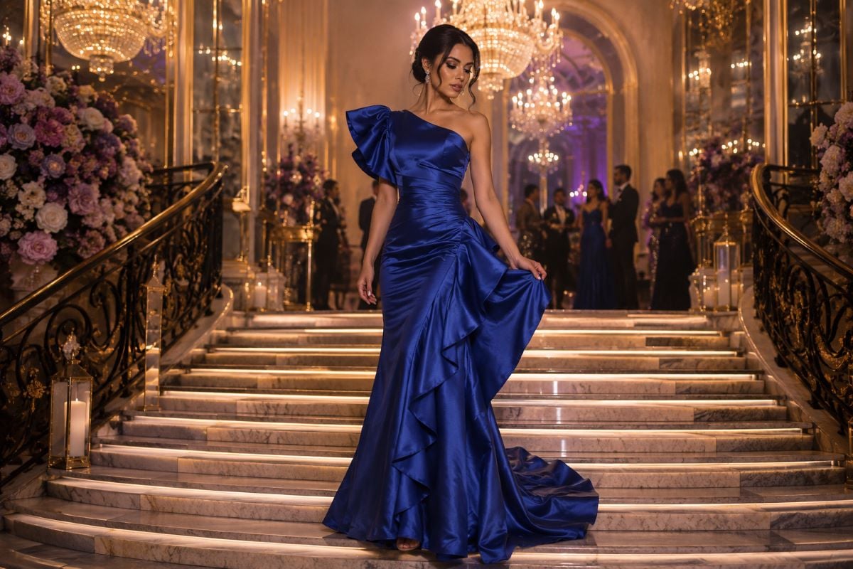 Blue satin dama gown with dramatic ruffles