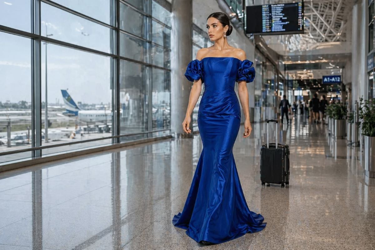 blue off shoulder satin gown airport travel look