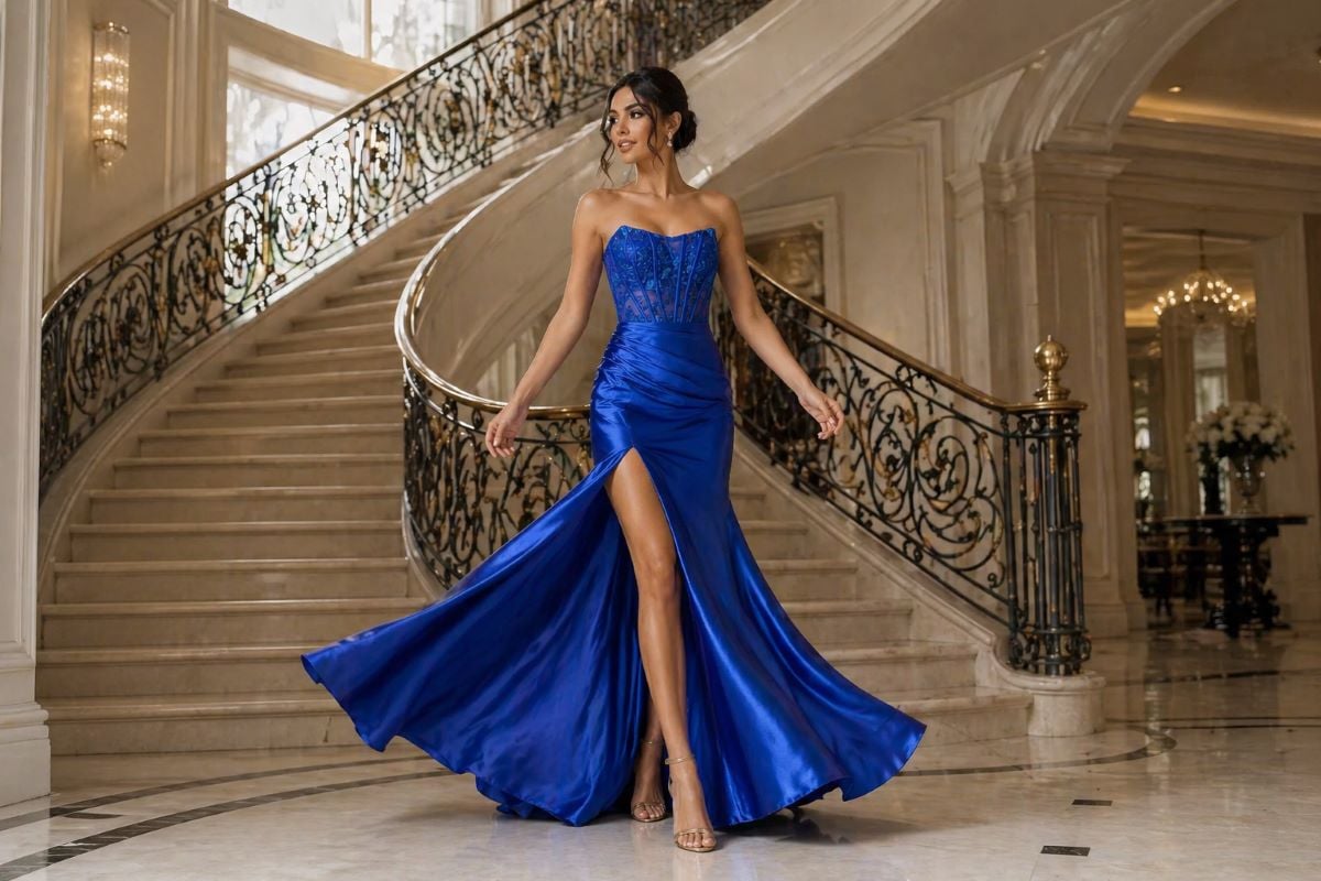 blue satin prom dress reveal spin moment