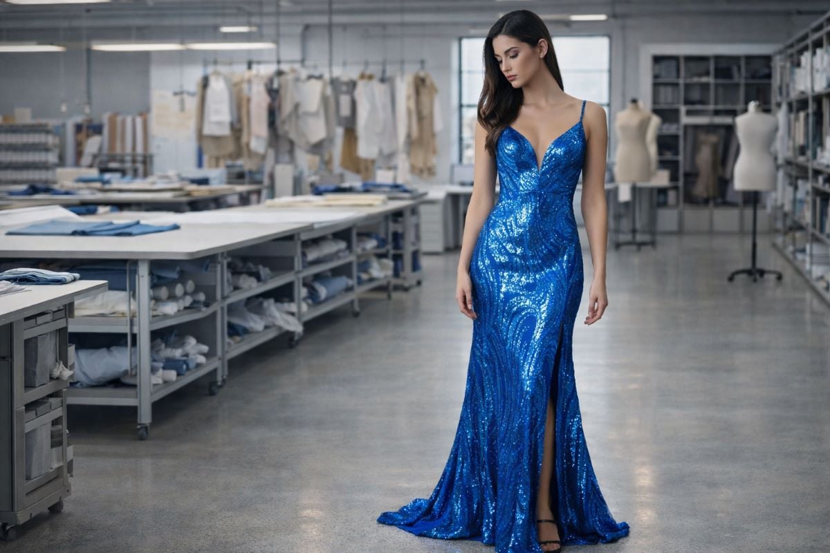 Blue sequin fitted prom dress with deep V neckline