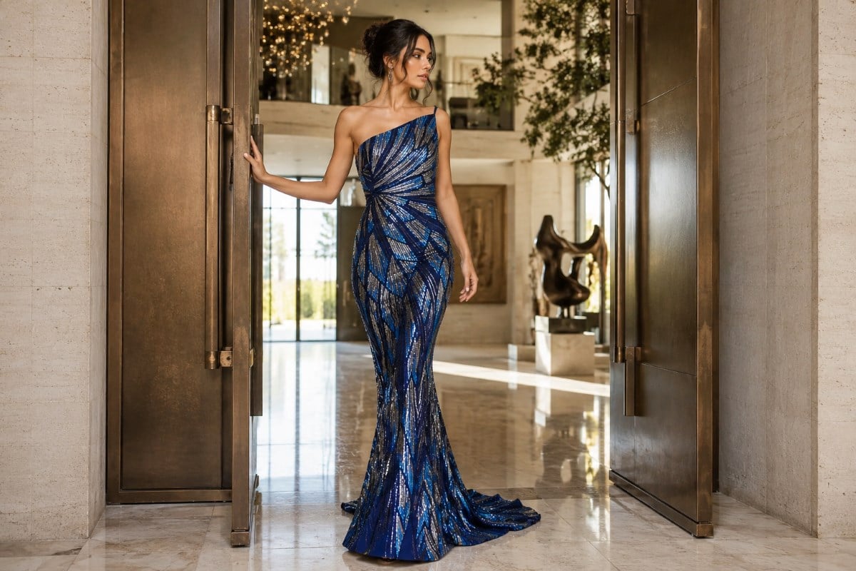 Blue sequin trumpet gown editorial fashion