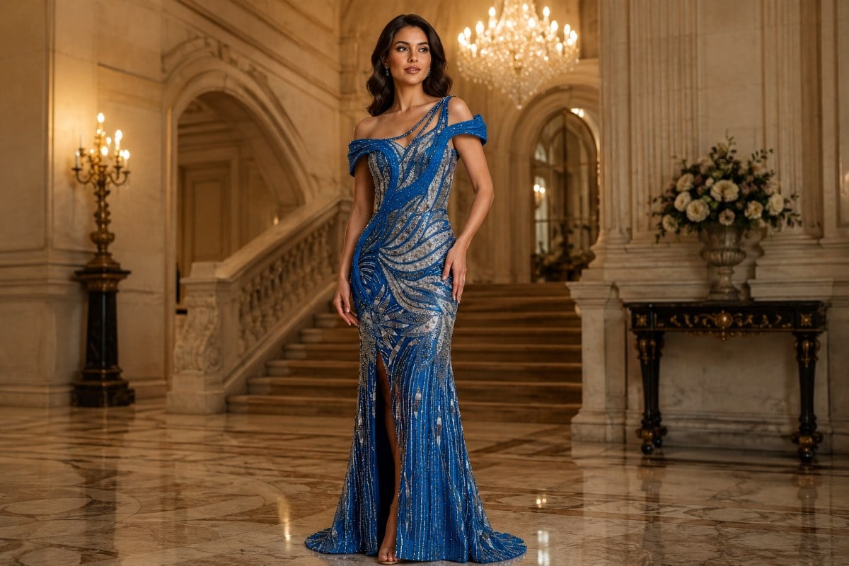 Blue and silver embellished mother of the bride gown with off shoulder neckline