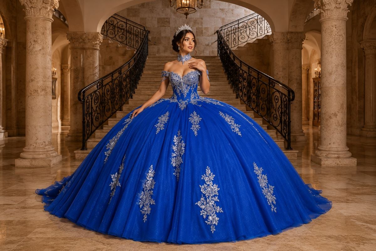 Blue quinceañera ball gown with silver embroidery