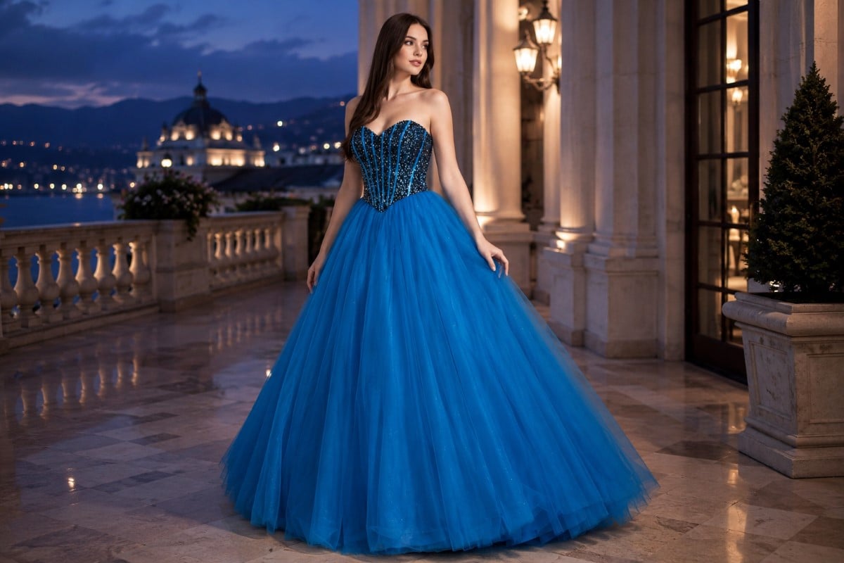 Blue strapless ball gown with sequined bodice