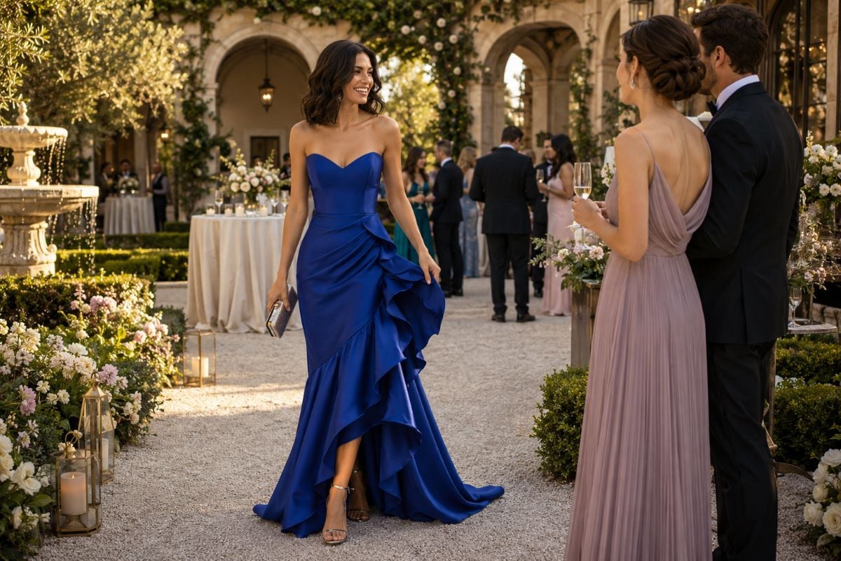 Blue strapless cocktail wedding guest gown