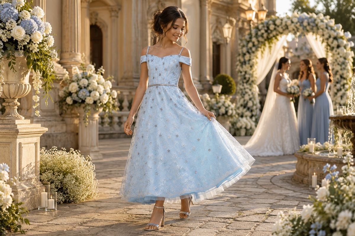 Blue tea-length wedding guest style dress