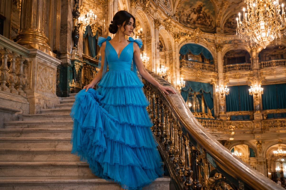 Blue tiered prom gown editorial fashion