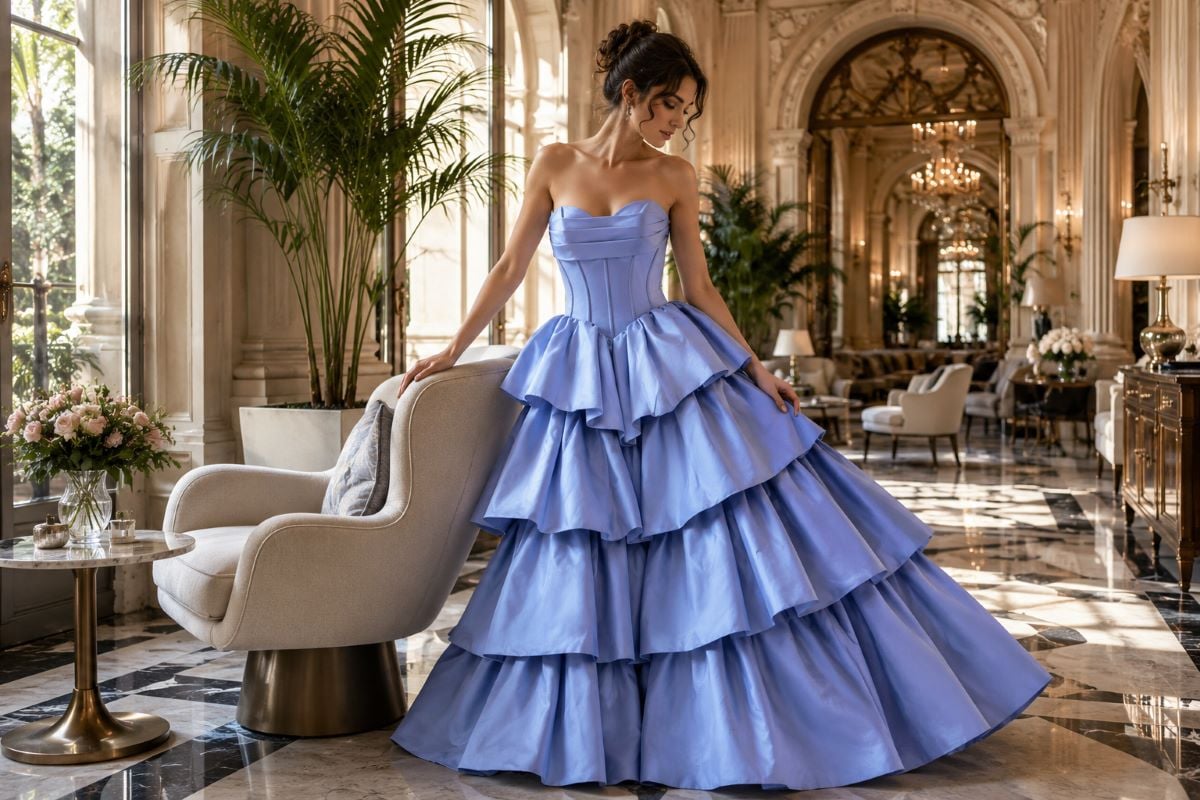 Blue tiered taffeta gown fashion editorial