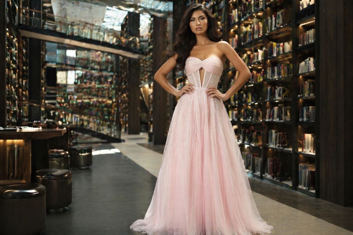 Blush A-line prom dress with corset bodice