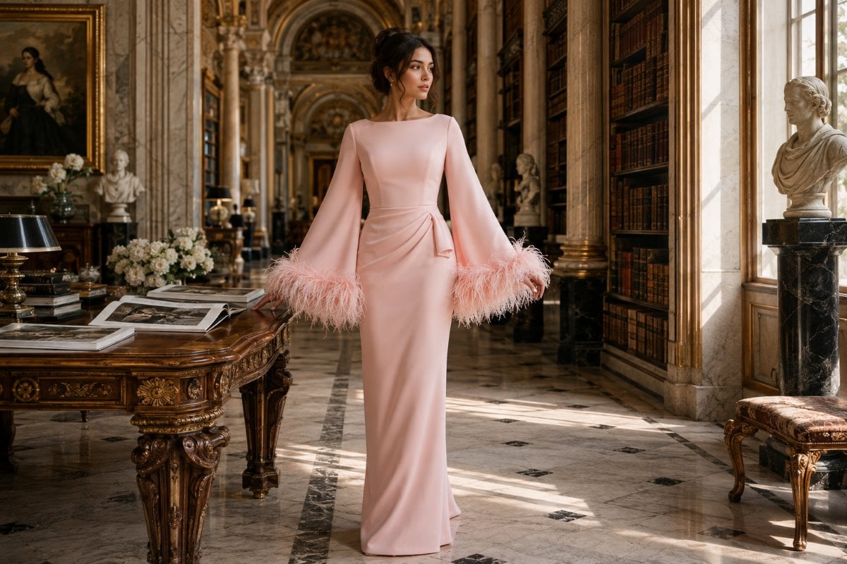 Blush boat neck column evening gown