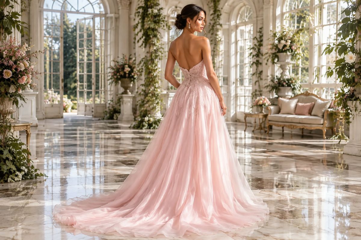 Blush chiffon back view prom gown editorial