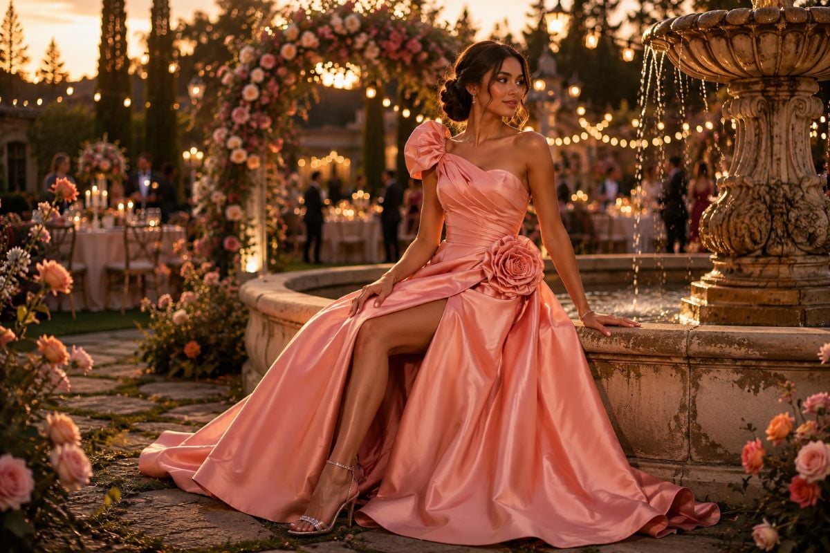 Blush coral one shoulder prom gown in luxury garden celebration