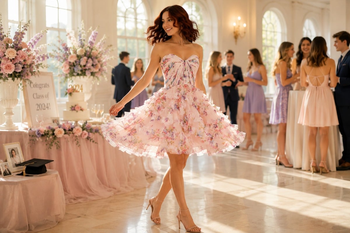 Blush floral fit and flare celebration dress