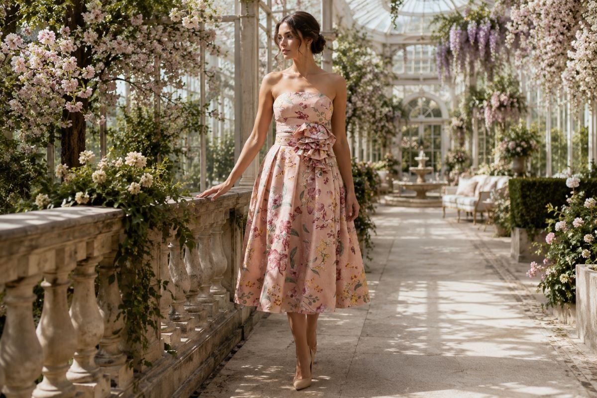 Blush floral midi dress daytime wedding guest