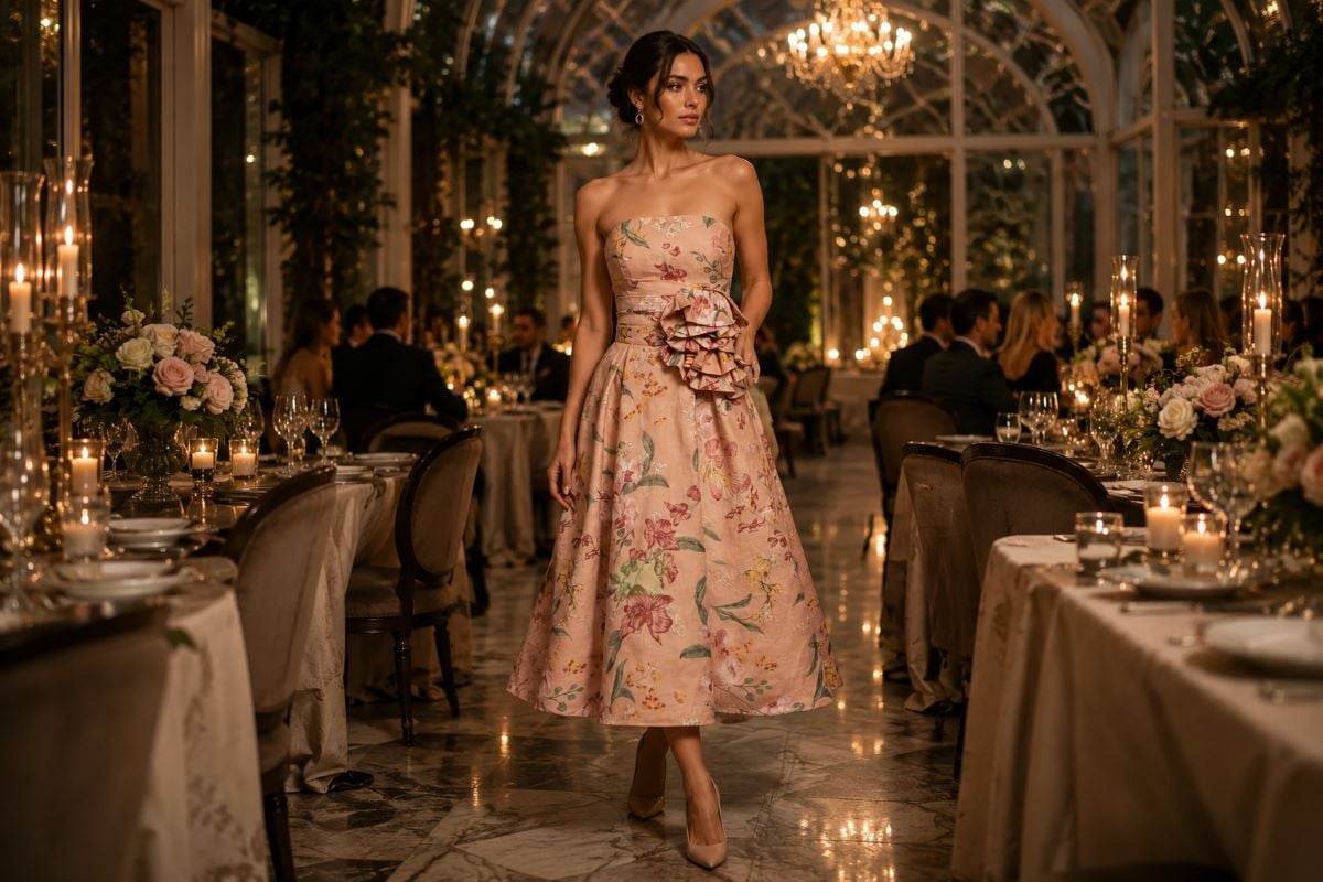 Blush floral rehearsal dinner midi dress