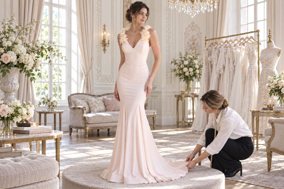 Blush floral strap mermaid prom gown