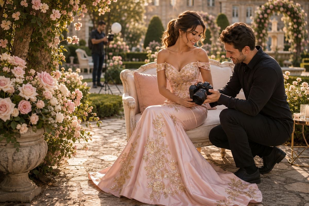 Blush embroidered gown at engagement shoot