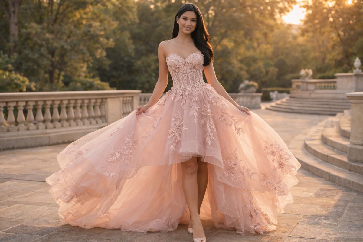 Blush high-low tulle dress with floral appliqué for quinceanera guest