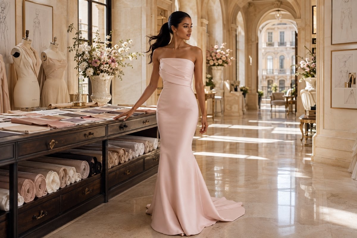 Blush nude strapless mermaid evening gown